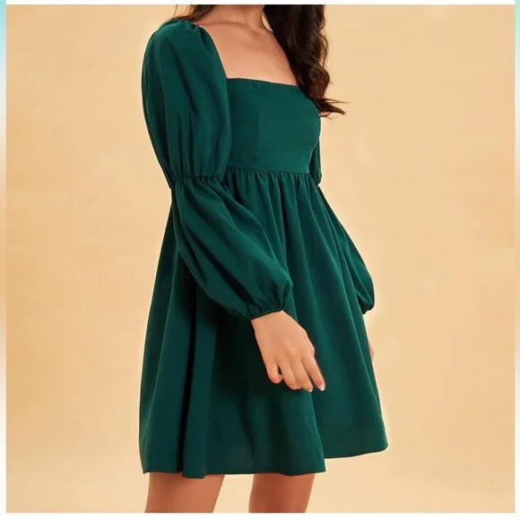 Women’s square neck dress long puff sleeve A-line - Picture 2 of 4